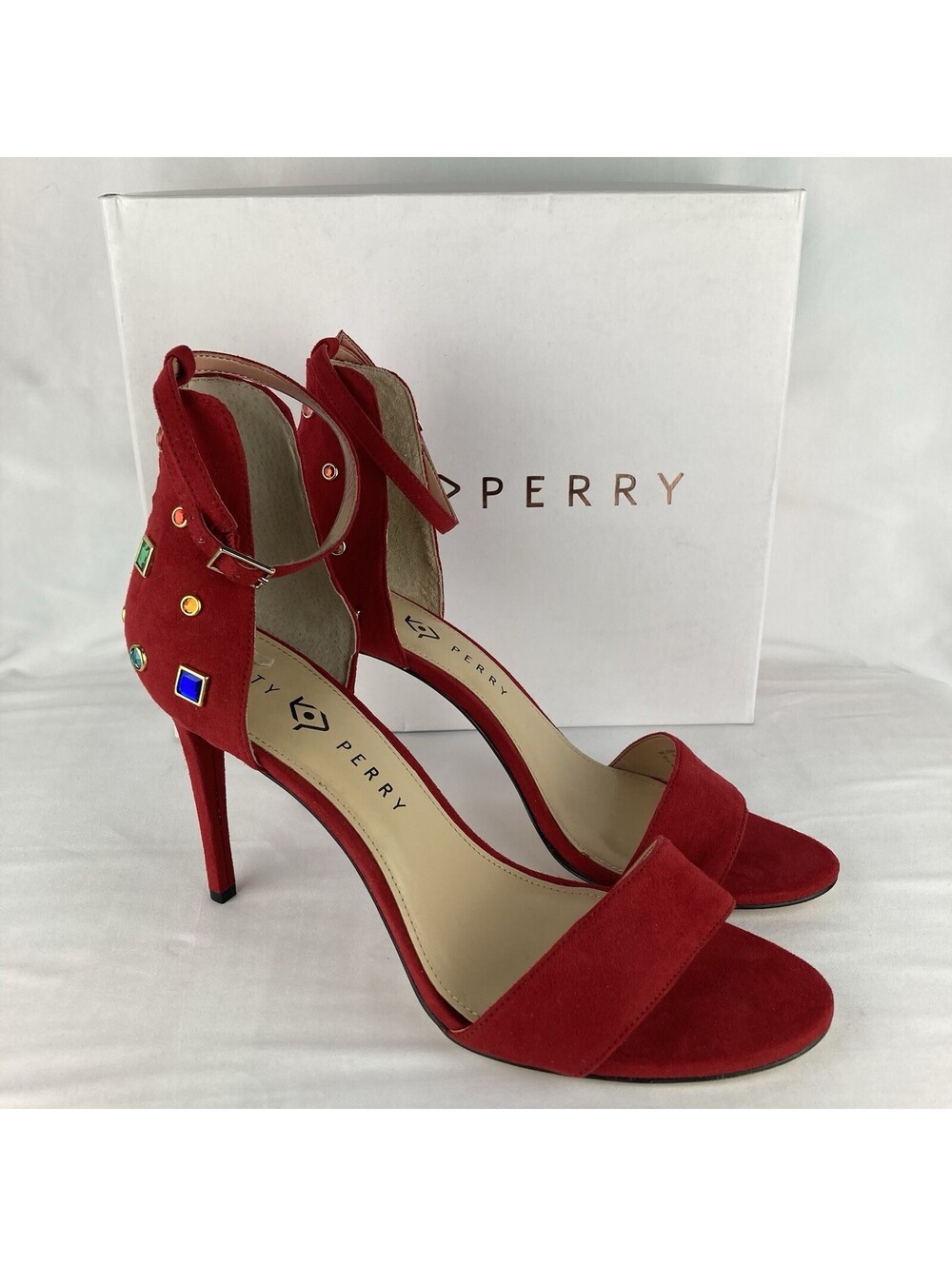 Women’s 11 Katy Perry The Josephina Red Microsuede Jewel Stiletto Heels Open Toe